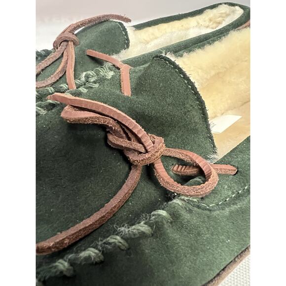 L.L.Bean Wicked Good Moccasin Slippers Mens 11 Green Suede Shearling Lined - Picture 3 of 12